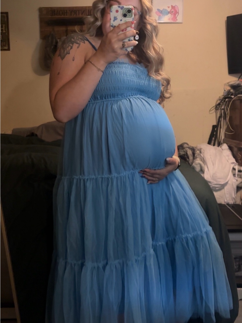 Light Blue Maternity Tiered Maxi Dress